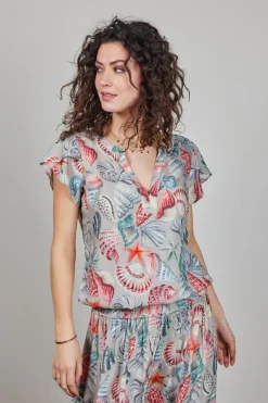 DiDi Blouse S/S Flare in Feather grey with Ocean Treasure- Blouses