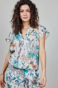DiDi Blouse S/S Flare in Offwhite with Palm festival print- Blouses