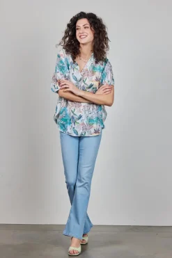 DiDi Blouse S/S Flare in Offwhite with Palm festival print- Blouses