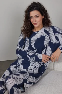 DiDi Comfy loose dress printed 3/4 in Darkblue met Dancing dots print- Jurken & Tunieken