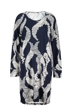 DiDi Comfy loose dress printed 3/4 in Darkblue met Dancing dots print- Jurken & Tunieken
