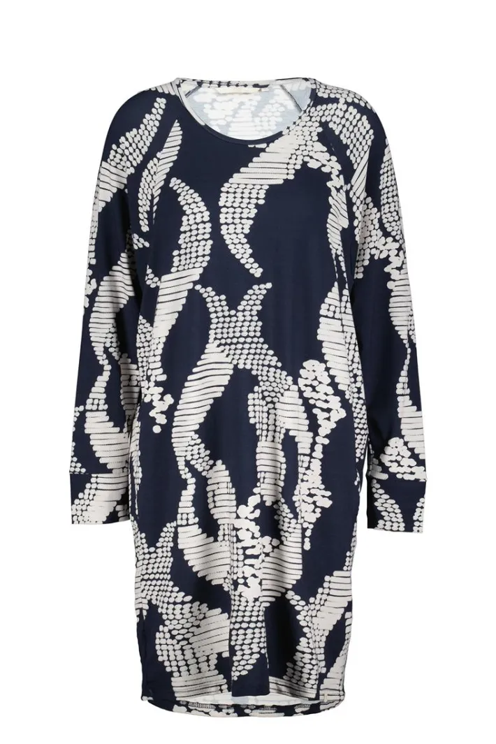 DiDi Comfy loose dress printed 3/4 in Darkblue met Dancing dots print- Jurken & Tunieken