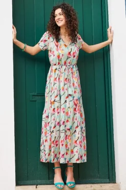 DiDi Dress Nimes in Green with Pink blossom print- Jurken & Tunieken