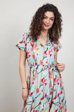 DiDi Dress Nimes in Green with Pink blossom print- Jurken & Tunieken