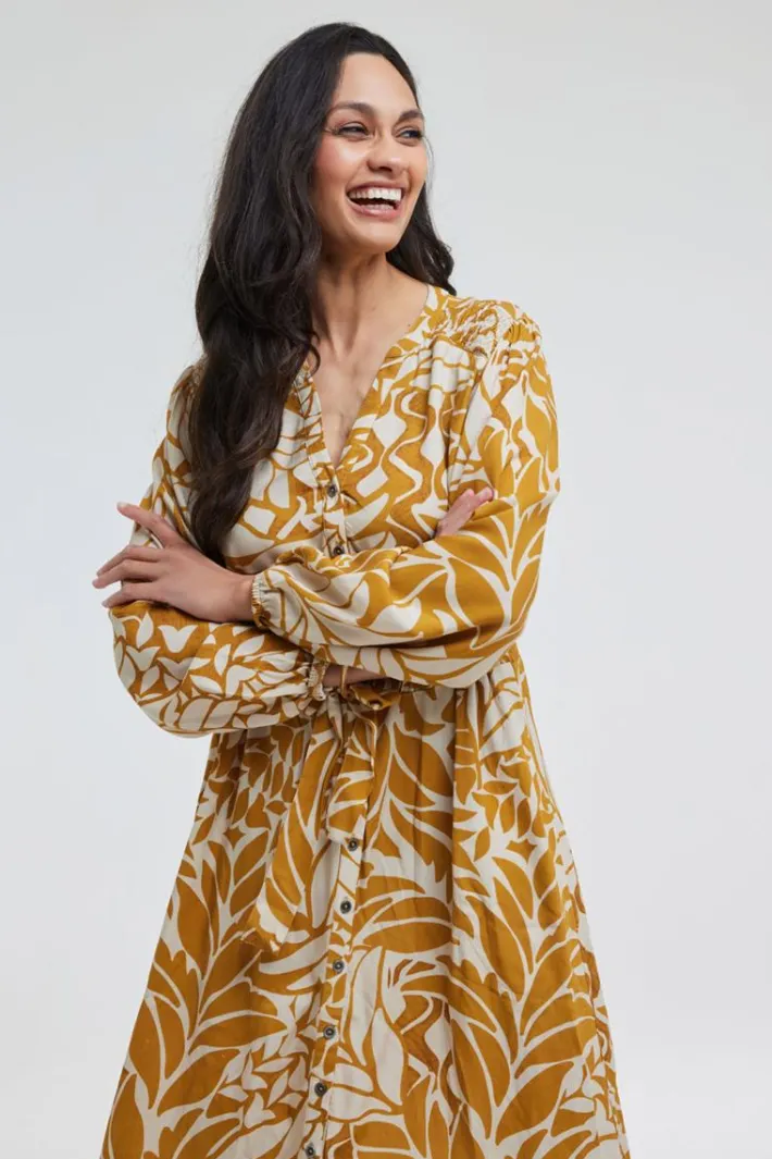DiDi Dress Paz in brown with Oasis print- Jurken & Tunieken