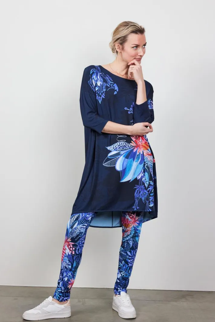 DiDi Easy loose dress in dark blue with Azur Fusion panel- Jurken & Tunieken