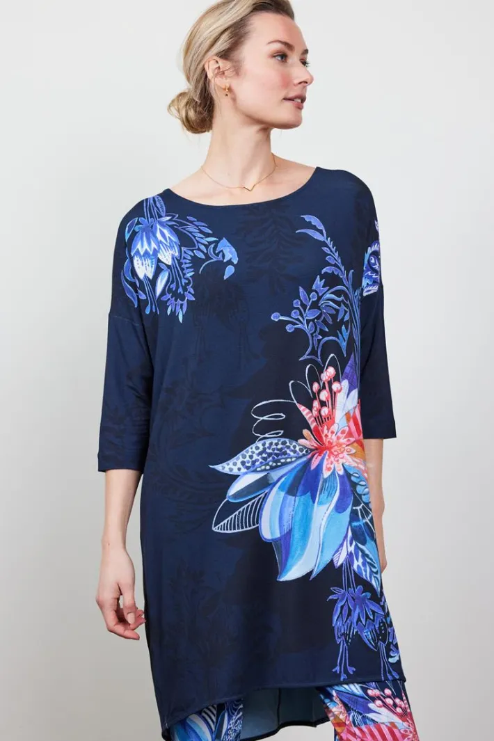 DiDi Easy loose dress in dark blue with Azur Fusion panel- Jurken & Tunieken