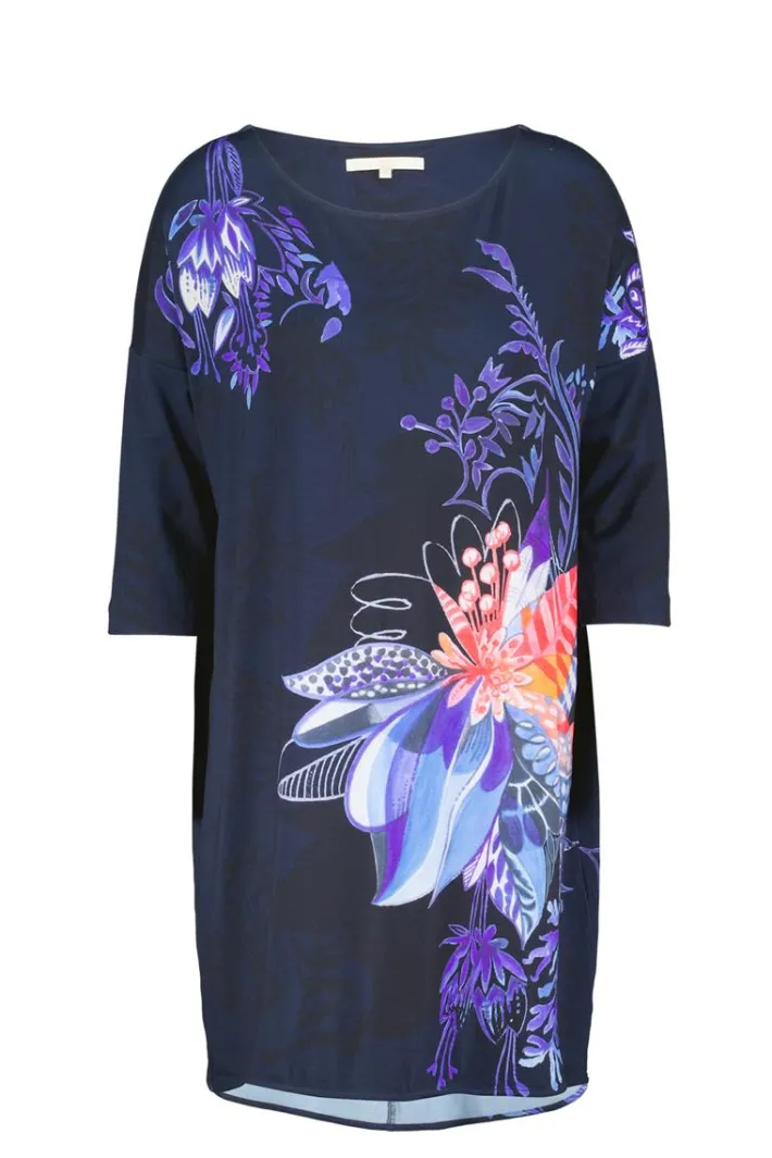 DiDi Easy loose dress in dark blue with Azur Fusion panel- Jurken & Tunieken