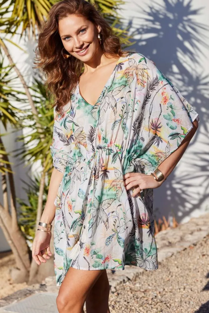 DiDi Kaftan in Offwhite with Palm festival print- Kaftans En Kimonos | Jurken & Tunieken