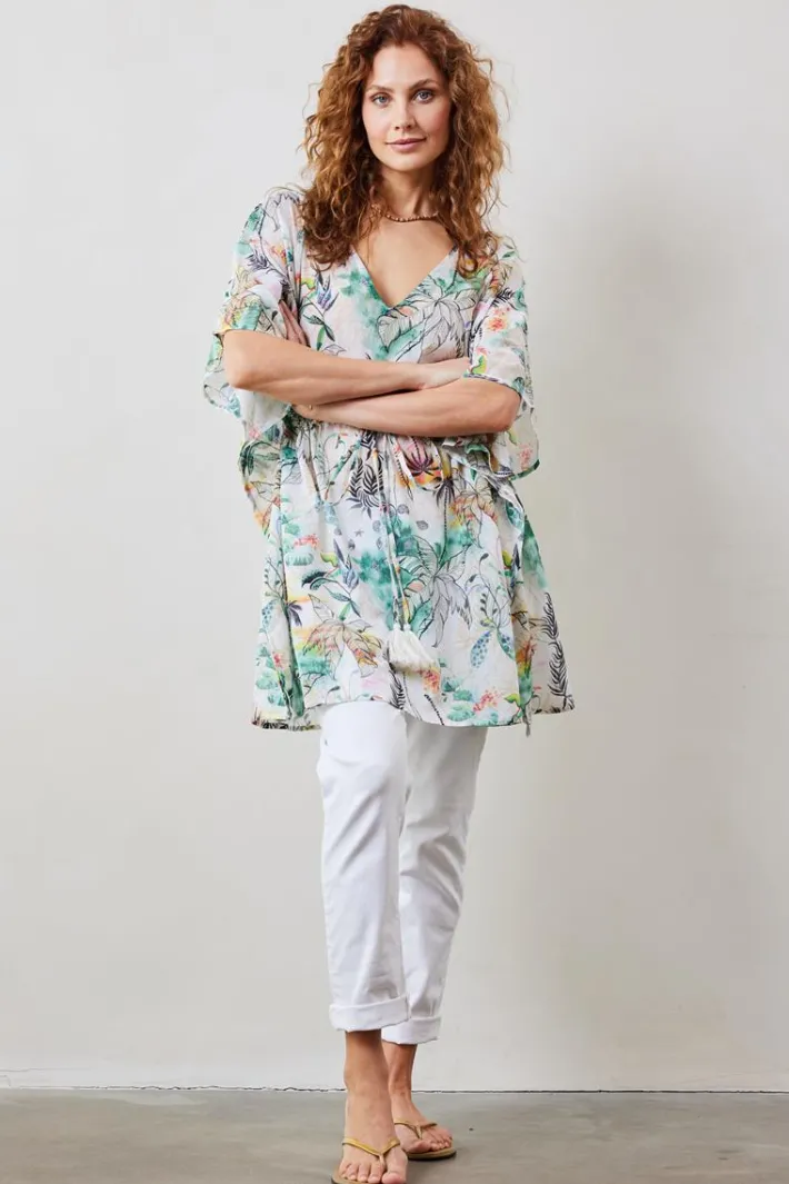 DiDi Kaftan in Offwhite with Palm festival print- Kaftans En Kimonos | Jurken & Tunieken