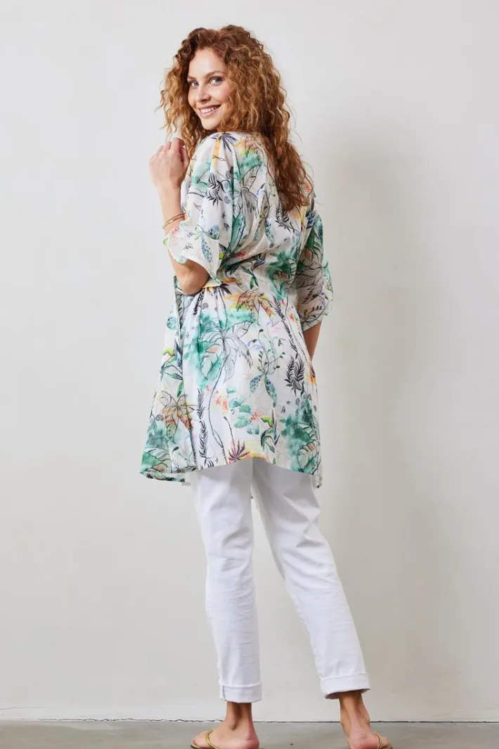 DiDi Kaftan in Offwhite with Palm festival print- Kaftans En Kimonos | Jurken & Tunieken