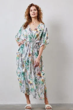 DiDi Kaftan long in Offwhite with Palm festival print- Kaftans En Kimonos | Jurken & Tunieken