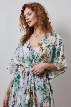 DiDi Kaftan long in Offwhite with Palm festival print- Kaftans En Kimonos | Jurken & Tunieken