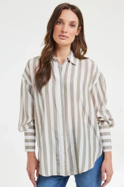 DiDi Oversized shirt Lisan Taupe offwhite Stripe- Blouses