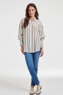 DiDi Oversized shirt Lisan Taupe offwhite Stripe- Blouses